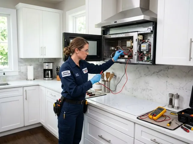Appliance Repair Hero technician testing an over-the-range microwave in a Ashaway, RI kitchen